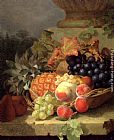 Famous Ledge Paintings - Peaches, Grapes And A Pineapple In A Basket, On A Stone Ledge